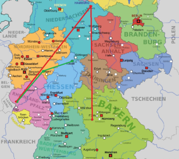 Vergleich der erlaubten Transportrouten bei EU-Biosiegel (rot) und Demeter-Siegel (grün)
